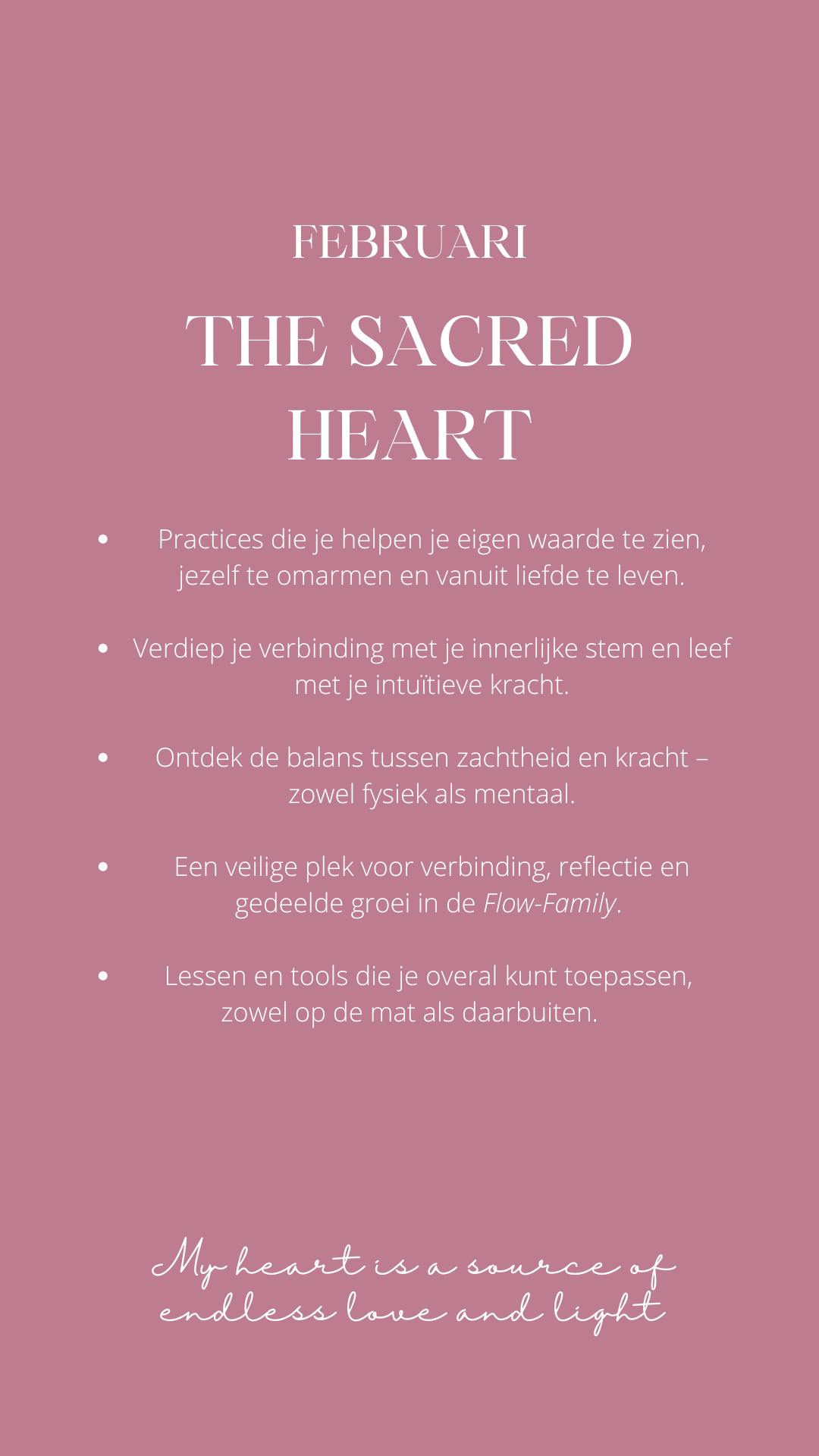 Movement flows gericht op de borstkas, schouders en hartgebied om spanning los te laten en energie vrij te laten stromen.<br />
Liefdevolle meditatie-oefeningen die je begeleiden naar meer compassie en acceptatie van jezelf.<br />
Oefeningen om je eigen hart te helen, verbinding te maken met je diepste verlangens en liefde te verspreiden.
